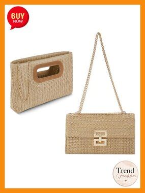 Woven Straw Purses with Metal Chain - Set of 2 Beach Bags for Women